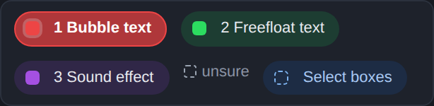 The legend row: 1 Bubble text in red, 2 Freefloat text in green, 3 Sound effect in purple, and the Select boxes tool in blue