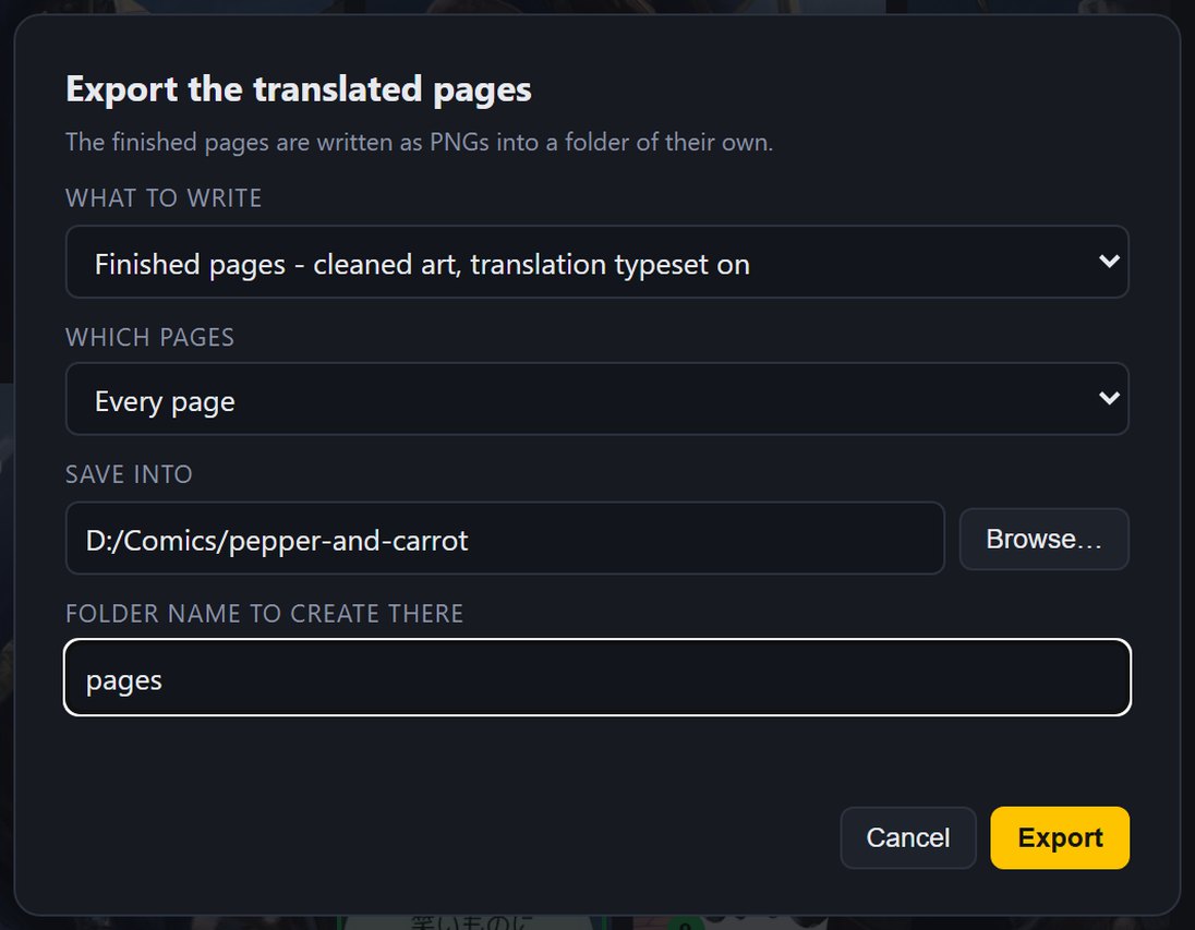 The Export dialog: what to write, which pages, and where to save them
