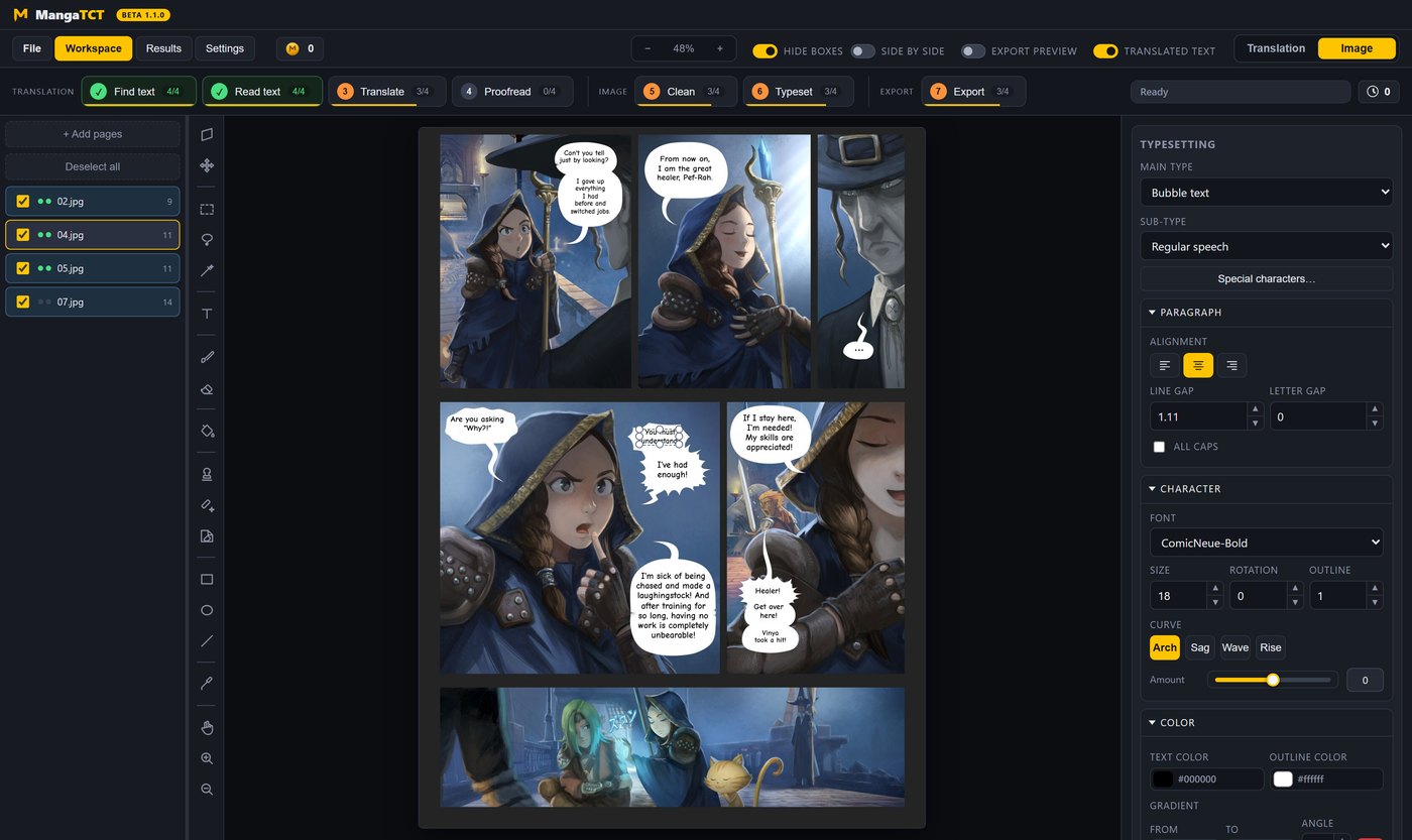 The whole workspace with one block selected and the typesetting panel open